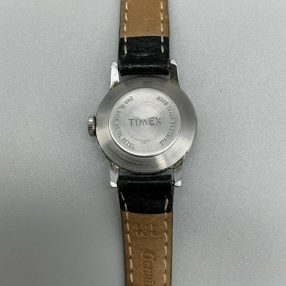 Vintage Timex Womens Watch 24mm Brown Dial Black Leather Strap Manual Wind